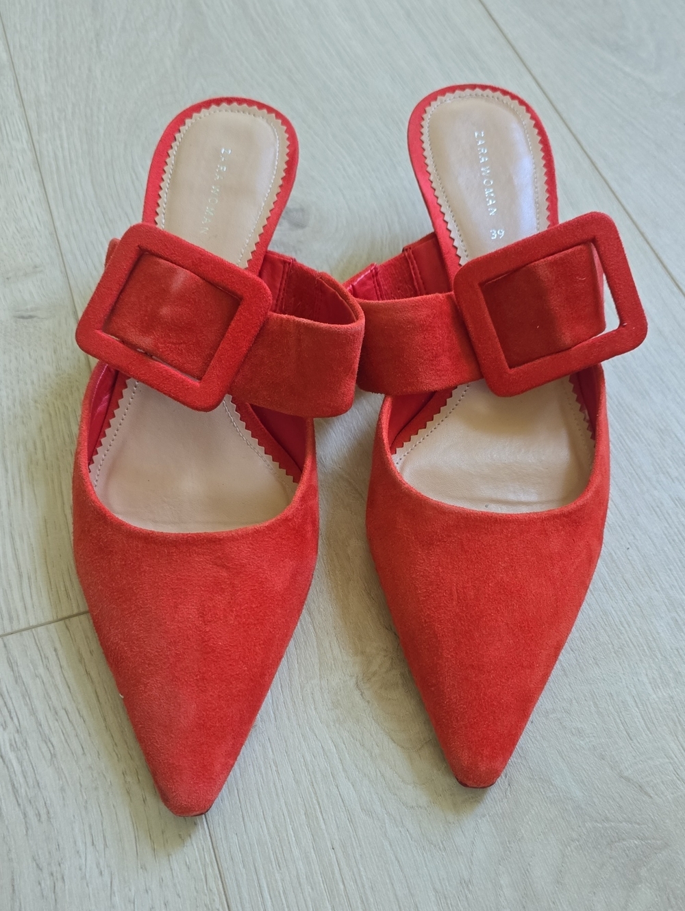 Red Suede Pointed Mule with Buckle Strap Shoes ZARA
